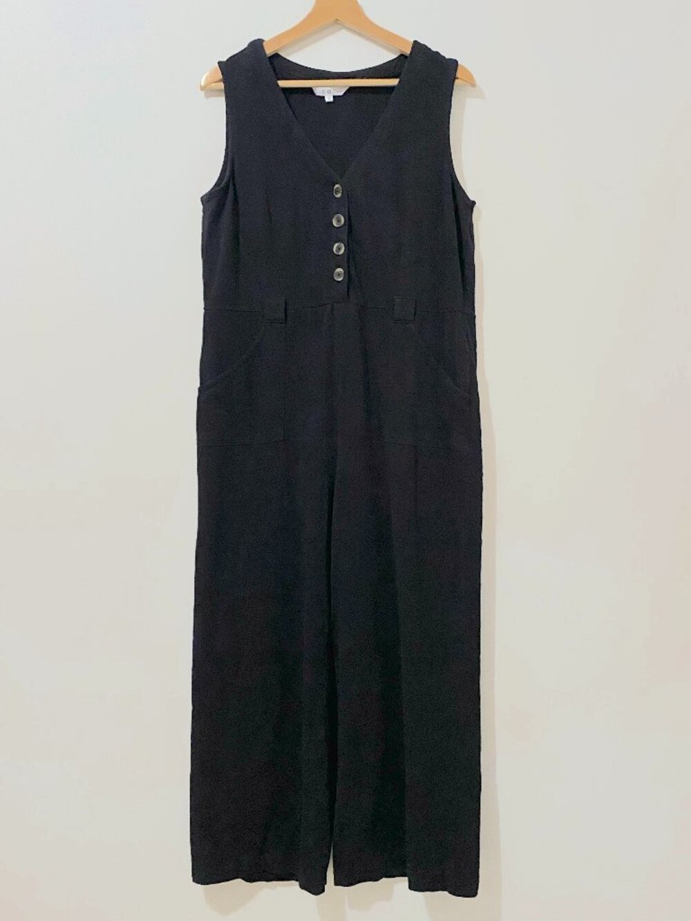 100% Cotton Black Sleeveless V-Neck Jumpsuit Wide Leg Utility Nursing Stretch